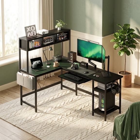 EDX 67'' L Shaped Computer Desk with LED Light & Power Outlet, Reversible Table with Shelf & Storage Bag & Keyboard Tray for Home Office, Corner Desk, Black