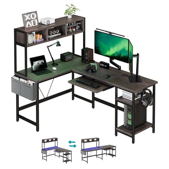 EDX 67'' L Shaped Computer Desk with LED Light & Power Outlet, Reversible Table with Shelf & Storage Bag & Keyboard Tray for Home Office, Corner Desk, Gray