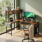 EDX 67'' L Shaped Computer Desk with LED Light, Shelf & Storage Bag & Keyboard Tray Corner Desk, Rust