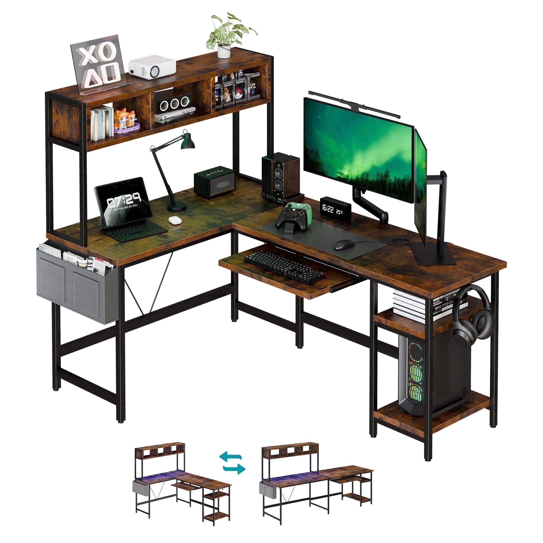 EDX 67'' L Shaped Computer Desk with LED Light, Shelf & Storage