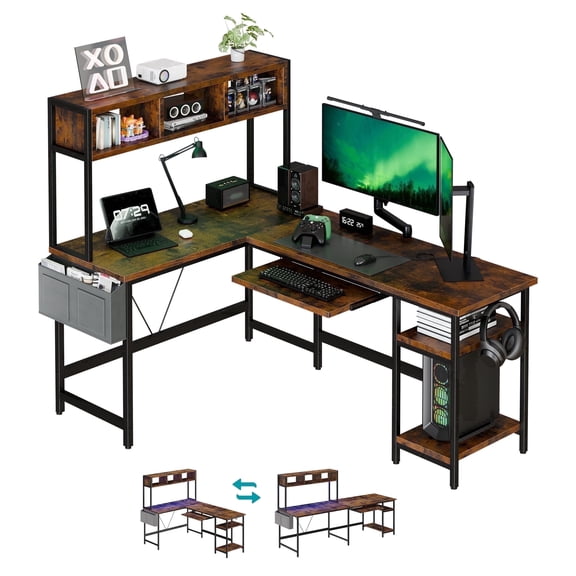 EDX 67'' L Shaped Computer Desk with LED Light, Shelf & Storage Bag & Keyboard Tray Corner Desk, Rust