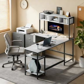 EDX 67'' L Shaped Computer Desk with LED Light, Shelf & Storage Bag & Keyboard Tray Corner Desk, White