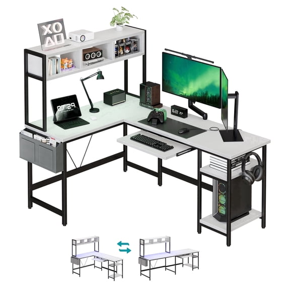 EDX 67'' L Shaped Computer Desk with LED Light, Shelf & Storage Bag & Keyboard Tray Corner Desk, White