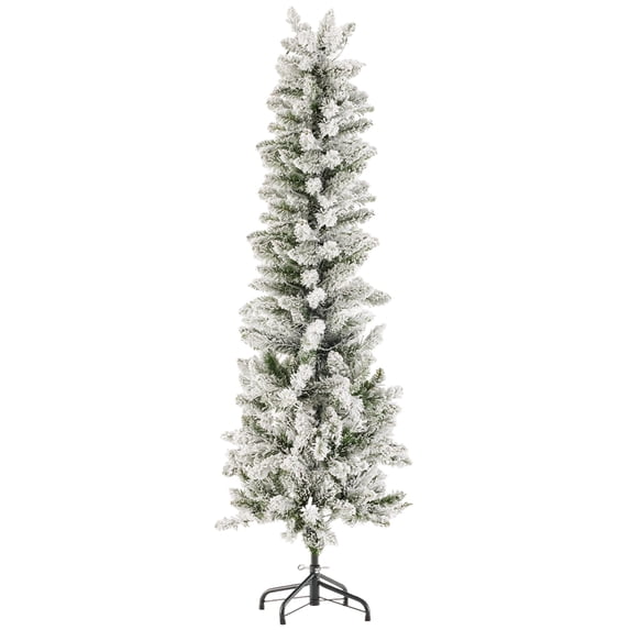 EDX 6ft Pre-lit Snow Flocked Pencil Christmas Tree, Prelighted Artificial Slim Christmas Trees, With 250 Incandescent Lights, 571 Branch Tips & Foldable Base, For Home, Office, Party Decoration