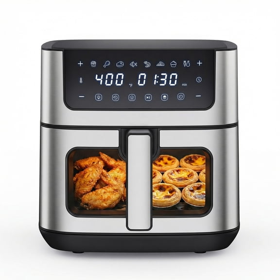 EDX 6QT Stainless Steel Air Fryer with Digital Touchscreen, 1500W, 8 Presets, Dishwasher Safe Basket, 90 Min Timer, 24H Delay Start, Black