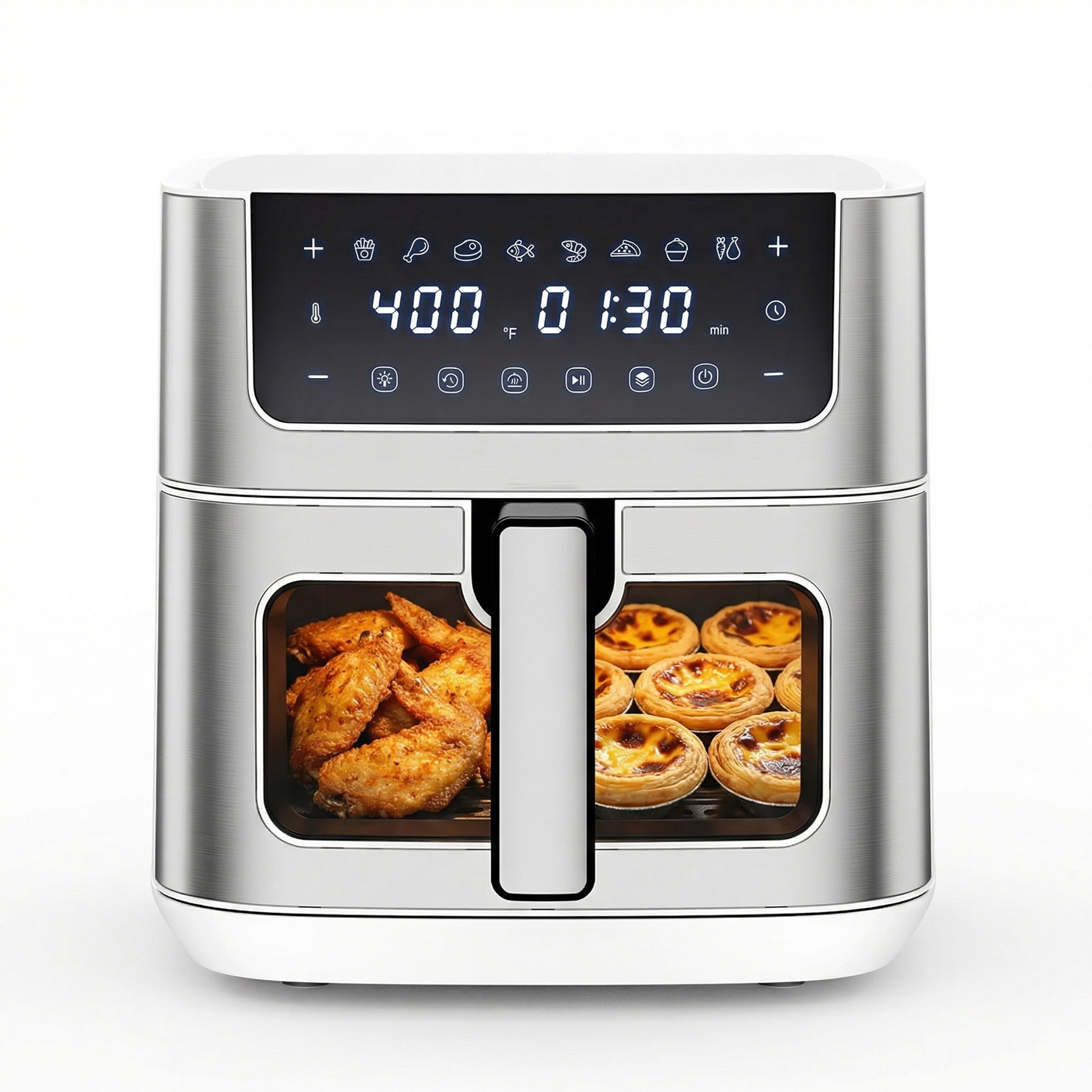 EDX 6QT Stainless Steel Air Fryer with Digital Touchscreen, 1500W, 8 Presets, Dishwasher Safe Basket, 90 Min Timer, 24H Delay Start, White