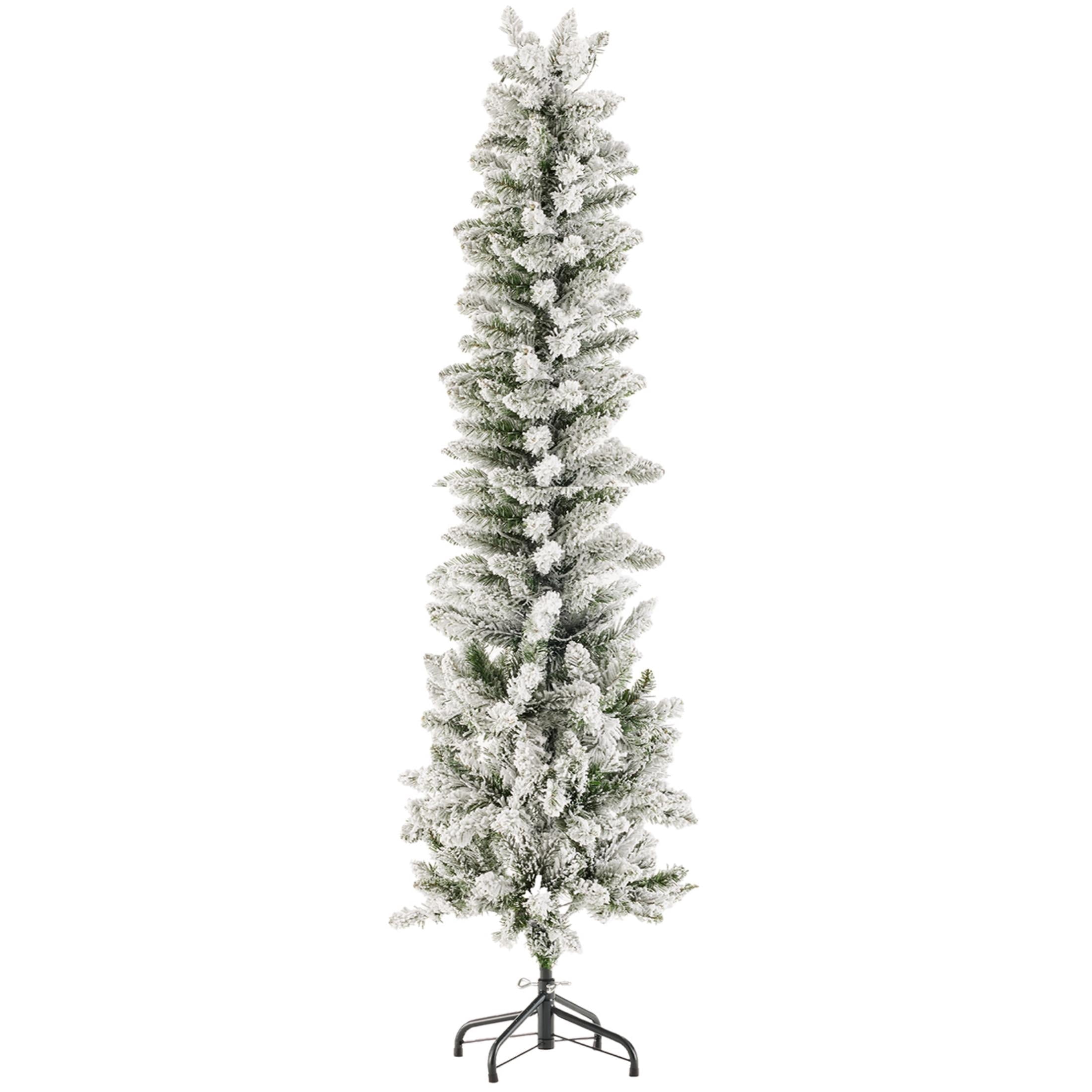 EDX 7.5ft Pre-lit Snow Flocked Pencil Christmas Tree, Prelighted Artificial Slim Christmas Trees, With 350 Incandescent Lights, 860 Branch Tips & Foldable Base, For Home, Office, Party Decoration