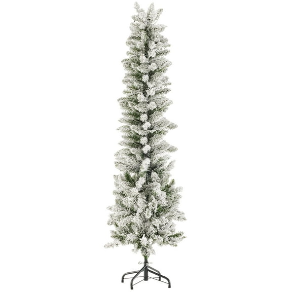 EDX 7.5ft Pre-lit Snow Flocked Pencil Christmas Tree, Prelighted Artificial Slim Christmas Trees, With 350 Incandescent Lights, 860 Branch Tips & Foldable Base, For Home, Office, Party Decoration