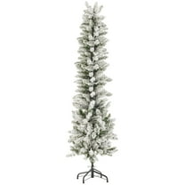 EDX 7.5ft Pre-lit Snow Flocked Pencil Christmas Tree, Prelighted Artificial Slim Christmas Trees, With 350 Incandescent Lights, 860 Branch Tips & Foldable Base, For Home, Office, Party Decoration