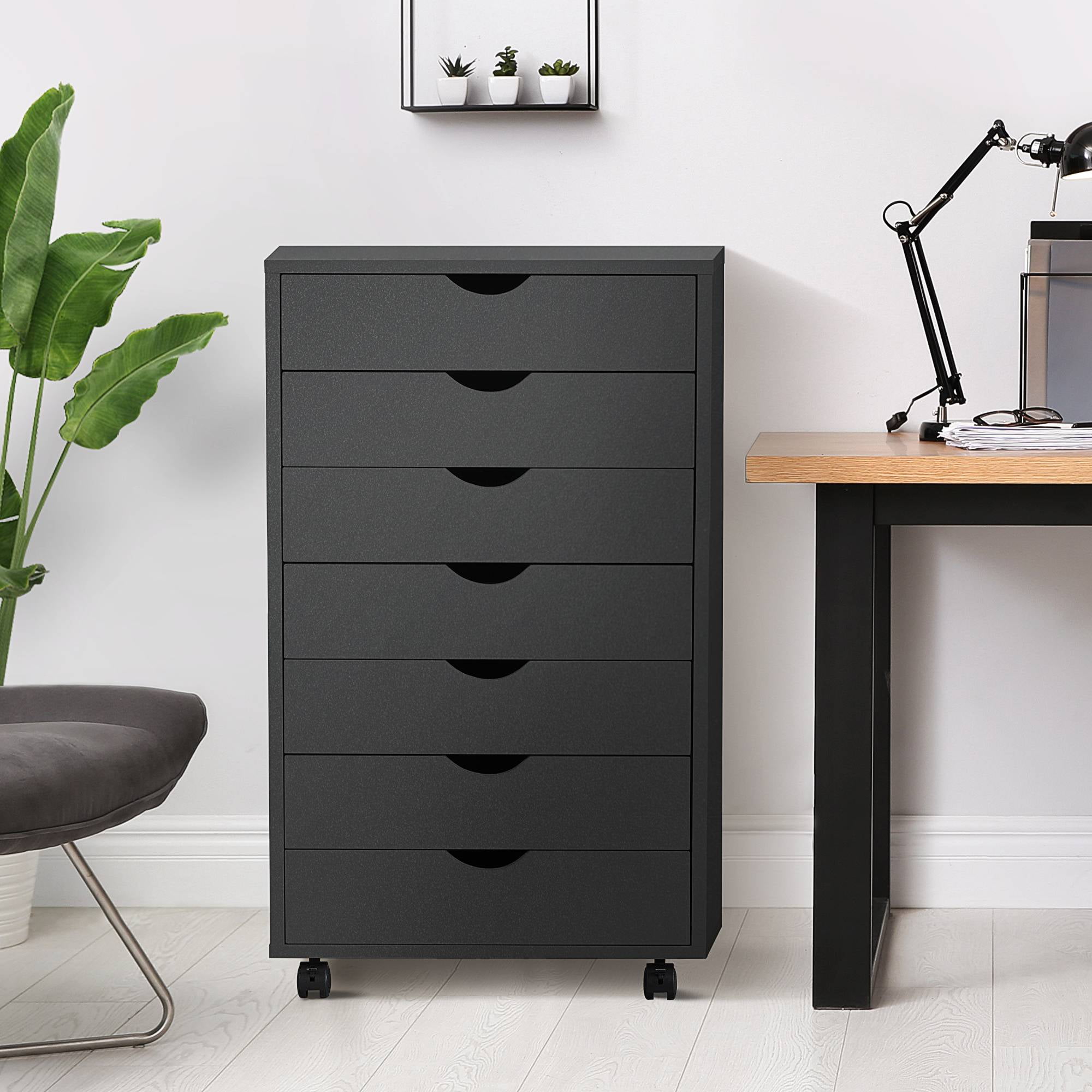 EDX 7 Drawer Chest File Cabinet, Mobile Storage Organizer Wood Dresser Printer Stand for Home Office, Black