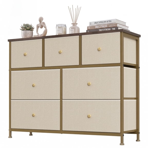 EDX 7 Drawer Dresser, Wide Chest of Drawers Nightstand Storage Tower Storage Fabric Dresser with Wood Top for Living Room, Bedroom, Hallway,Khaki