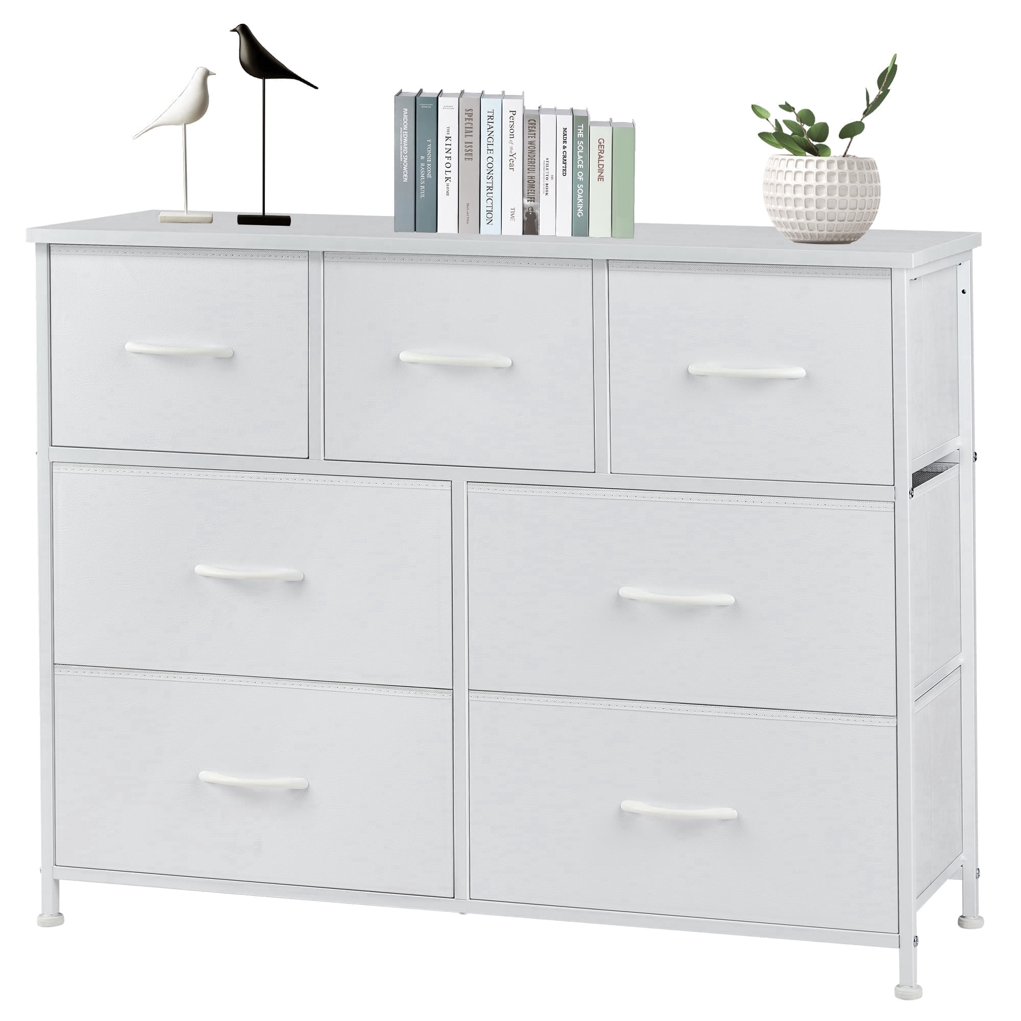 edx, 7 Drawer Dresser, White, Wide Storage Tower with Wood Top