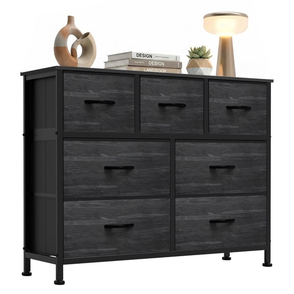 edx 7 Fabric Drawers Dresser, TV Cabinet Sideboard, Organization Furniture for Kitchen, Office, Hallway, Charcoal Black Wood Grain