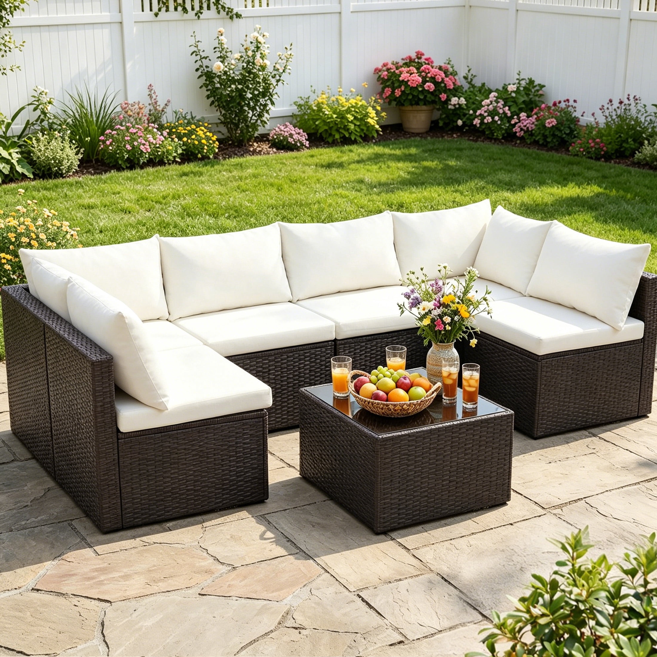 EDX 7 Piece Outdoor Wicker Patio Furniture Set, PE Rattan Sectional Conversation Set with Tempered Glass Coffee Table, Washable Cushions & Pillows for Backyard, Garden, Poolside, Brown