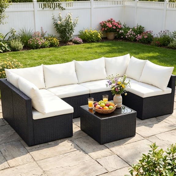 EDX 7 Piece Outdoor Wicker Patio Furniture Set, PE Rattan Sectional Conversation Set with Tempered Glass Coffee Table, Washable Cushions & Pillows for Backyard, Garden, Poolside, Black