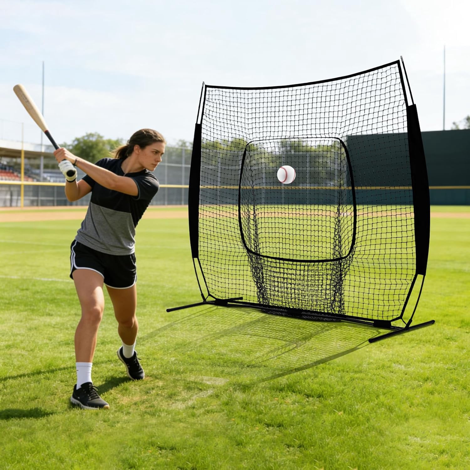 EDX 7 ft x 7 ft Baseball & Softball Nets Practice Hitting & Pitching Net with Bow Type Frame, Carry Bag and Strike Zone, Great for All Skill Levels， Black