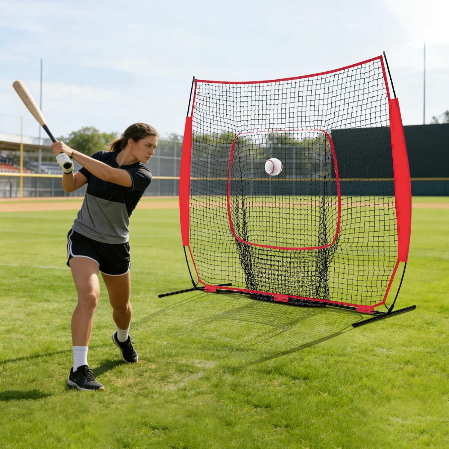 EDX 7 ft x 7 ft Baseball & Softball Nets Practice Hitting & Pitching Net with Bow Type Frame, Carry Bag and Strike Zone, Great for All Skill Levels， Red