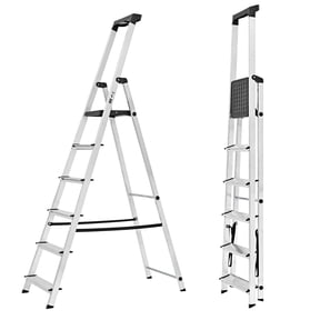 edx 6-Step Aluminum Folding Step Ladder, 330 lb Capacity – Non-Slip Steps, Safety Rail, Steel Platform, Tool Tray, Slim Fold for Home & Garage, Silver