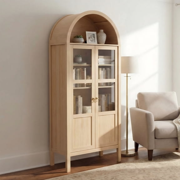 EDX Pantry Storage Cabinet, 71-Inch Wood Tall Storage Display Cabinet with Rounded Arched Top in Oak Finish and 2 Doors