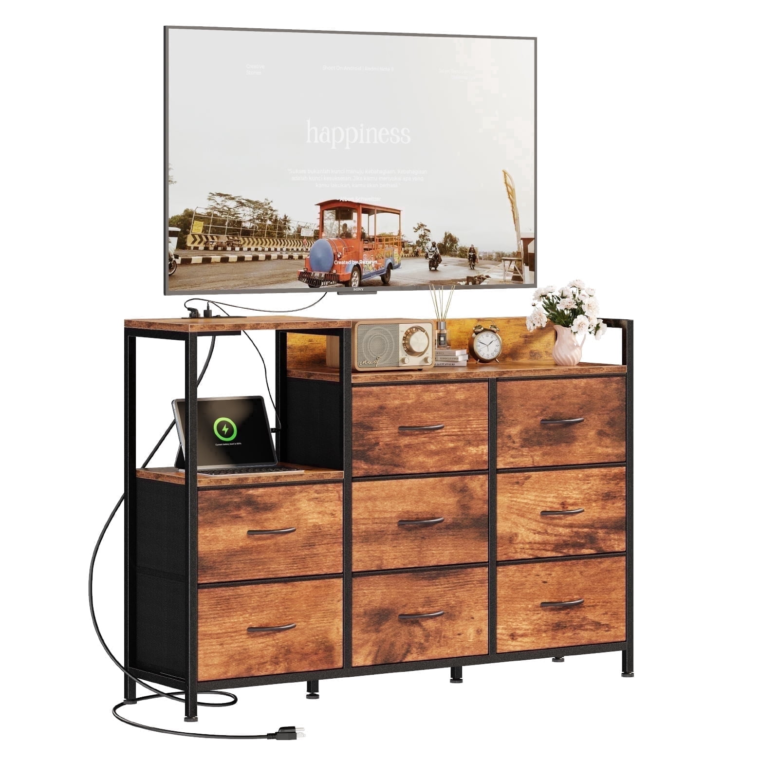 EDX 8 Drawer Dresser TV Stand, with Power Outlets and Open Shelves, for Bedroom and Living Room, Rust