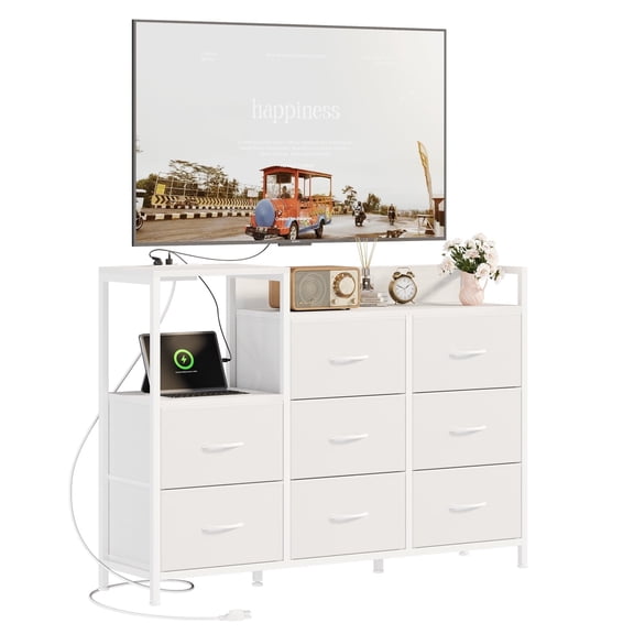 EDX Dresser TV Stand 8 Drawer Fabric Storage Dresser, with Charging Dock and Open Shelves, for Bedroom and Living Room, White
