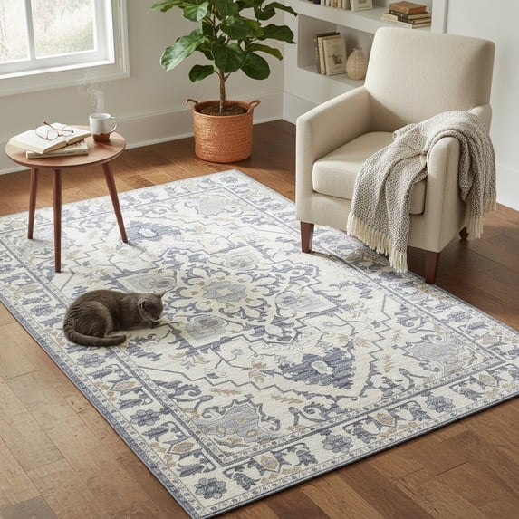 edx Collection Blue 8 ft x 10 ft distressed design machine washable area rug