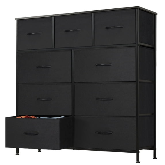 EDX 9 Drawer Dresser, Wide Chest of Drawers Nightstand Storage Tower Storage Fabric Dresser with Wood Top for Living Room, Bedroom, Hallway,Black