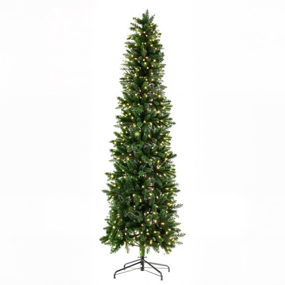 EDX 9ft Pre-lit Pencil Christmas Tree, Green Artificial Spruce Slim Christmas Trees, With 500 Incandescent Lights, 1100 Branch Tips & Foldable Base, For Home, Office, Party Decoration