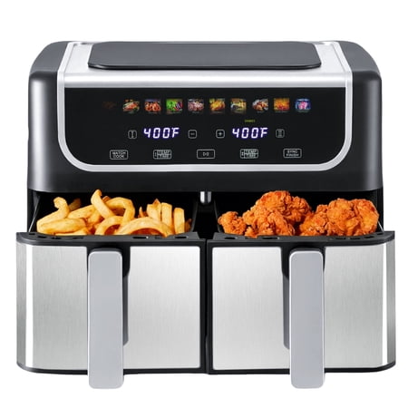 EDX 9QT Dual Basket Stainless Steel Air Fryer with Digital Sync & Match Cook, 1700W, 10 Presets, 2 Independent Cooking Zones, Shake Reminder, Black