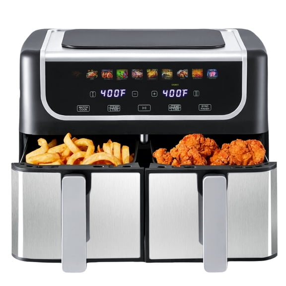 EDX 9QT Dual Basket Stainless Steel Air Fryer with Digital Sync & Match Cook, 1700W, 10 Presets, 2 Independent Cooking Zones, Shake Reminder, Black