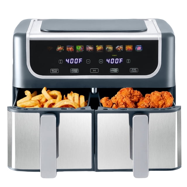 EDX 9QT Dual Basket Stainless Steel Air Fryer with Digital Sync & Match Cook, 1700W, 10 Presets, 2 Independent Cooking Zones, Shake Reminder, Gray