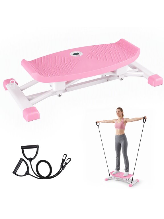 Adult Balance Wobble Board with Resistance Bands & LCD Monitor, Portable Ski Rock Stepper Full Body Home Gym Workout Equipment, Pink