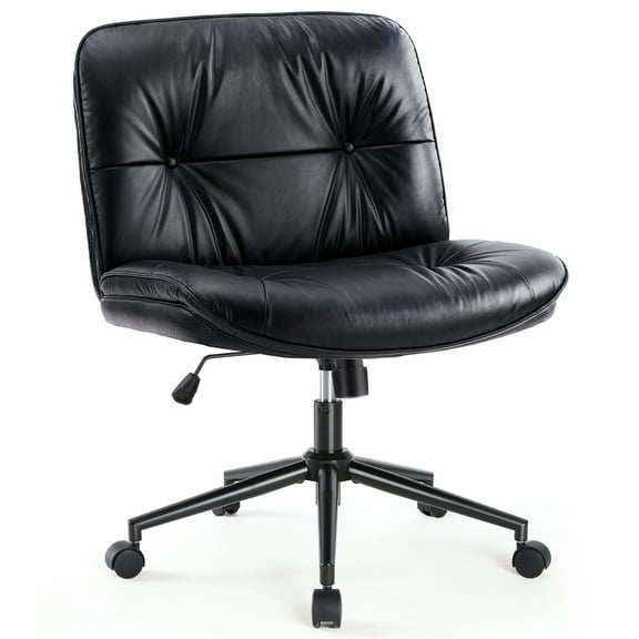 EDX Armless Office Chair with Wheels, Leather Upholstered Wide Seat Home Office Chair, 130° Rocking Mid Back Computer Chair, Perfect for Office, Bedroom, and Makeup, Black