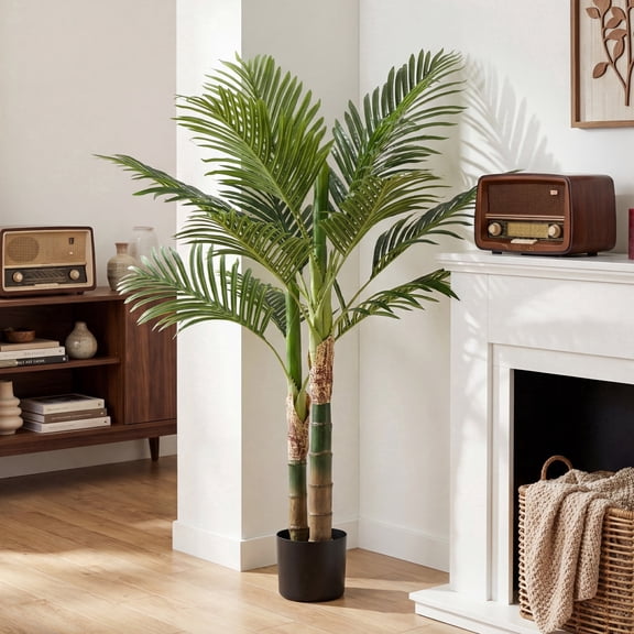 EDX 4ft Artificial Plants, Palm Tree, Faux Tropical Greenery Decorative Plant, Pre-Potted Fake Palm with Realistic Green Leaves for Indoor Outdoor Home Office Living Room Patio Decor
