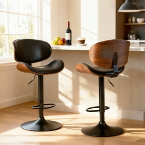 EDX Bar Stools Set of 2 for Kitchen Counter, Adjustable Bentwood Barstools, Modern PU Leather Upholstered Bar Chair with Back and Footrest, for Bar, Kitchen, Dining Room, Black