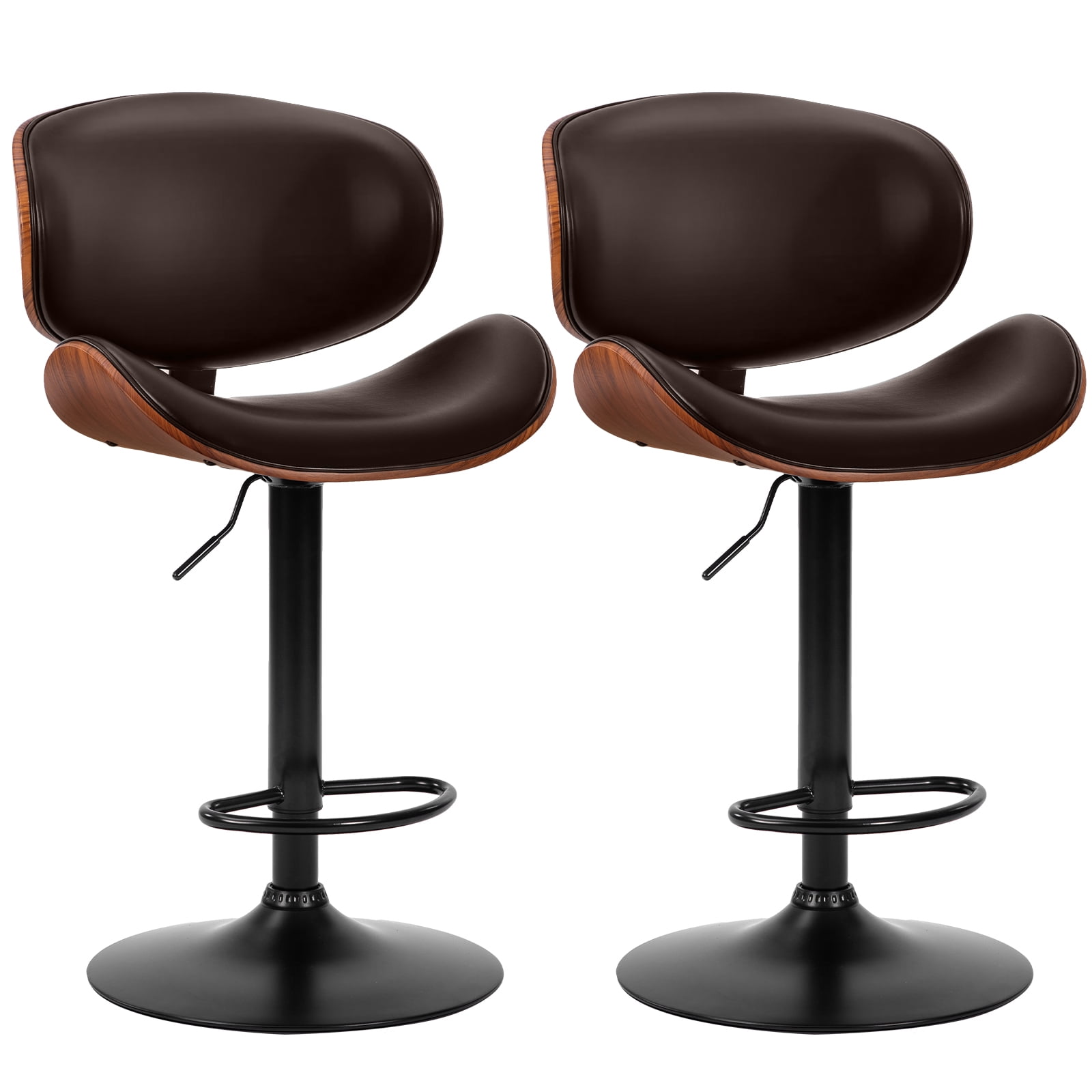 EDX Bar Stools Set of 2 for Kitchen Counter, Adjustable Bentwood Barstools, Modern PU Leather Upholstered Bar Chair with Back and Footrest, for Bar, Kitchen, Dining Room, Brown