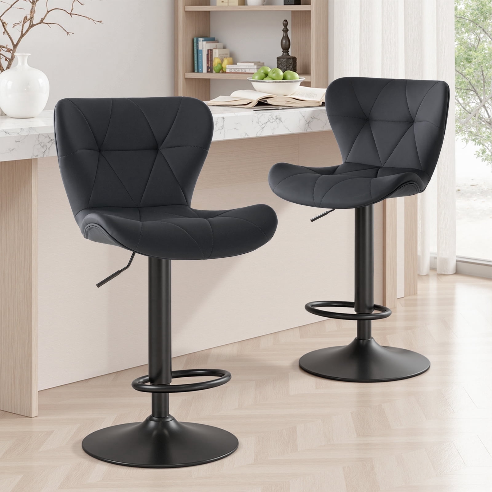 EDX Bar Stools Set of 2, Modern Adjustable Armless Swivel Counter Stools with PU Leather, Black