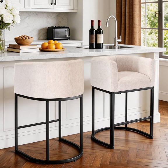 EDX Barrel Bar Stools Set of 2, Modern Counter Height Barstools with Linen Fabric Upholstered Seat, 350lbs Capacity Kitchen Island Chair, Bar Stools with Metal Sled Base and Footrest, Light Grey