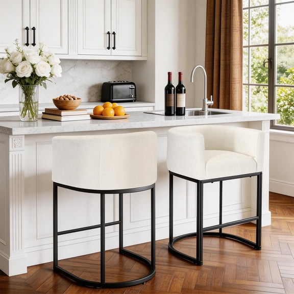 EDX Barrel Bar Stools Set of 2, Modern Counter Height Barstools with Linen Fabric Upholstered Seat, 350lbs Capacity Kitchen Island Chair, Bar Stools with Metal Sled Base and Footrest, Beige