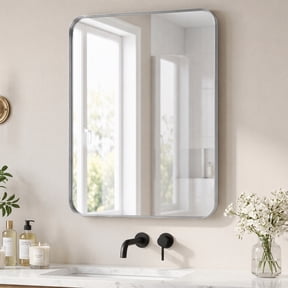 EDX Bathroom Mirror 16"x 20" Wall Mirror with Rectangular Metal Frame, Silver