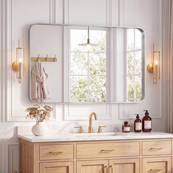 EDX Bathroom Mirror 24"x 36" Wall Mirror with Rectangular Metal Frame, Silver