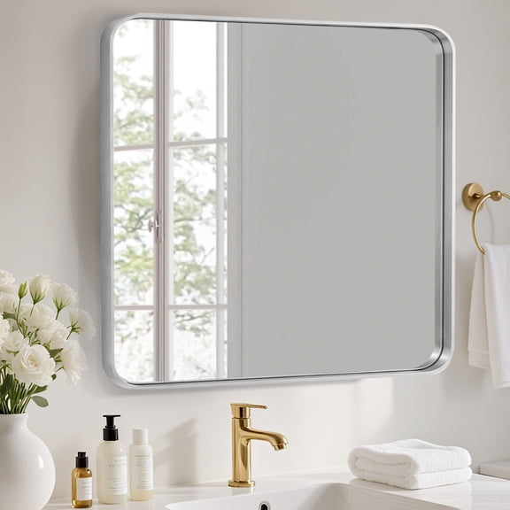 EDX Bathroom Mirror 24"x 36" Wall Mirror with Rectangular Metal Frame, Silver