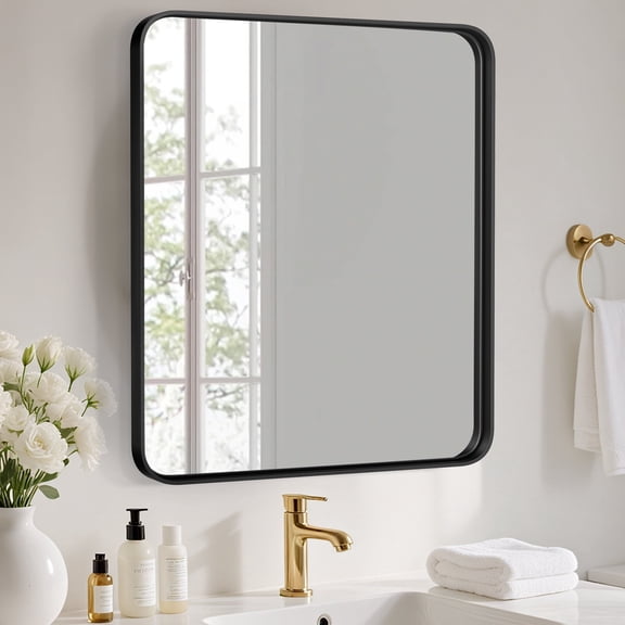 EDX Bathroom Mirror 28"x 32" Wall Mirror with Rectangular Metal Frame, Black