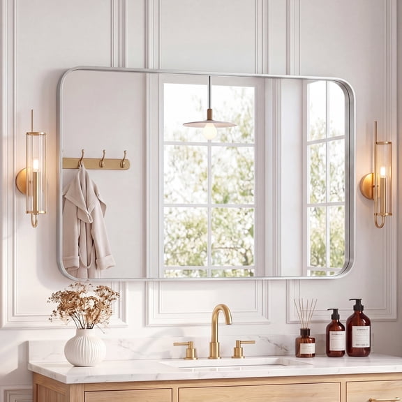 EDX Bathroom Mirror 30"x 40" Wall Mirror with Rectangular Metal Frame, Silver