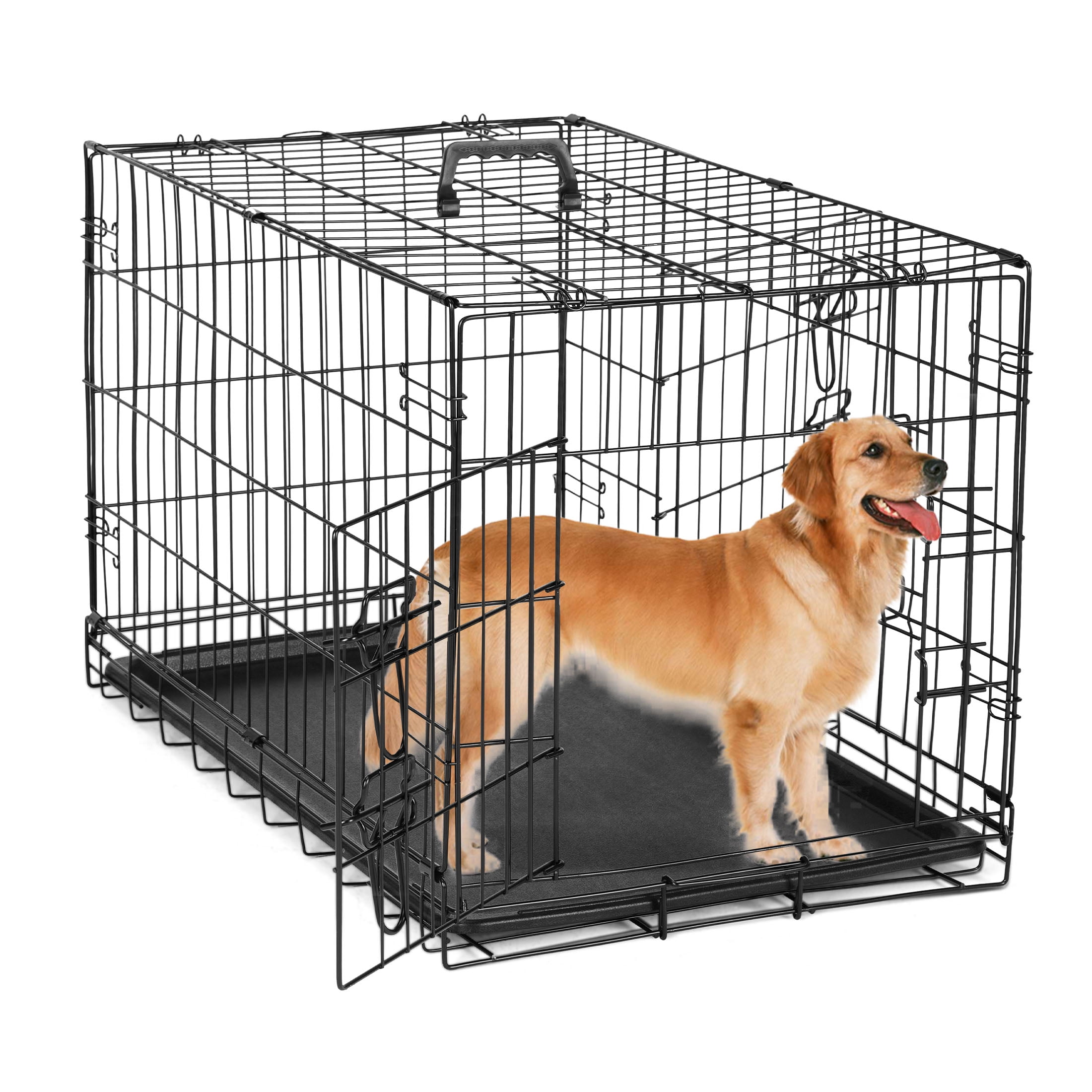 EDX Large Dog Crate with Divider Panel 42 Double Door Folding Metal Wire Dog Cage with Plastic Leak Proof Pan Tray