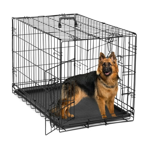 EDX Big Dog Crate with Divider Panel, 48 Inch Double Door Folding Metal Wire Dog Cage with Plastic Leak-Proof Pan Tray