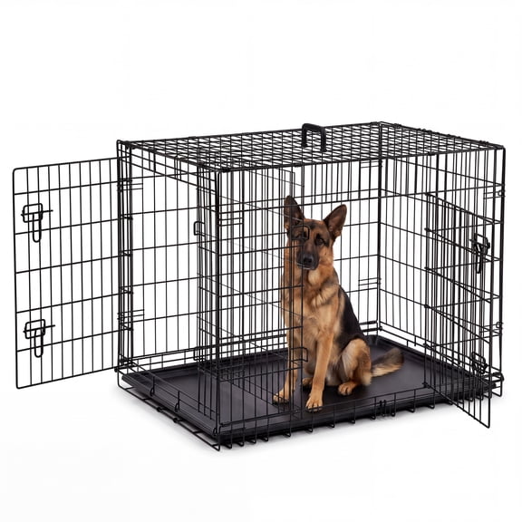 EDX 48 Inch Big Dog Crate with Divider Panel, Double Door Folding Metal Wire Dog Cage with Plastic Leak-Proof Pan Tray, Black