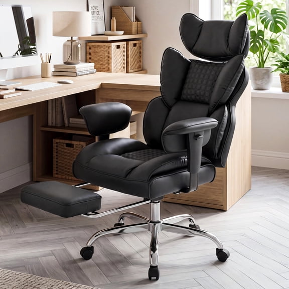 EDX Big and Tall Home Office Chair with Adjustable Armrests and Footrest,PU Leather Excutive Computer Chair with Wide Seat,Desk Chair with Ergonomic Lumbar Support,Black