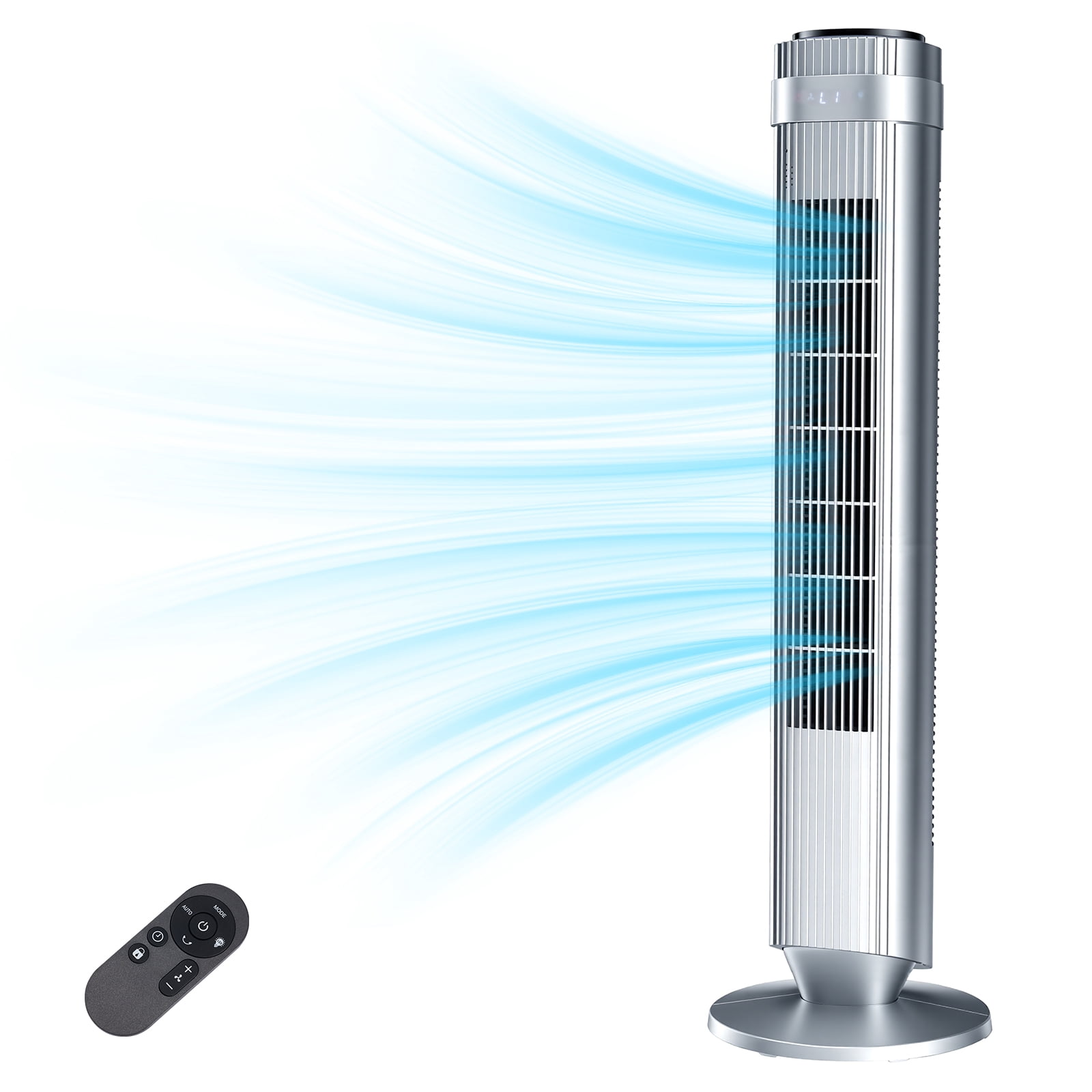 EDX Bladeless Tower Fan for Bedroom, 25ft/s High Velocity 28dB Quiet DC Fan, 5 Speeds 4 Modes, 12H Timer 64°Oscillating, Remote Standing Fan for Home Office Indoor, Silver