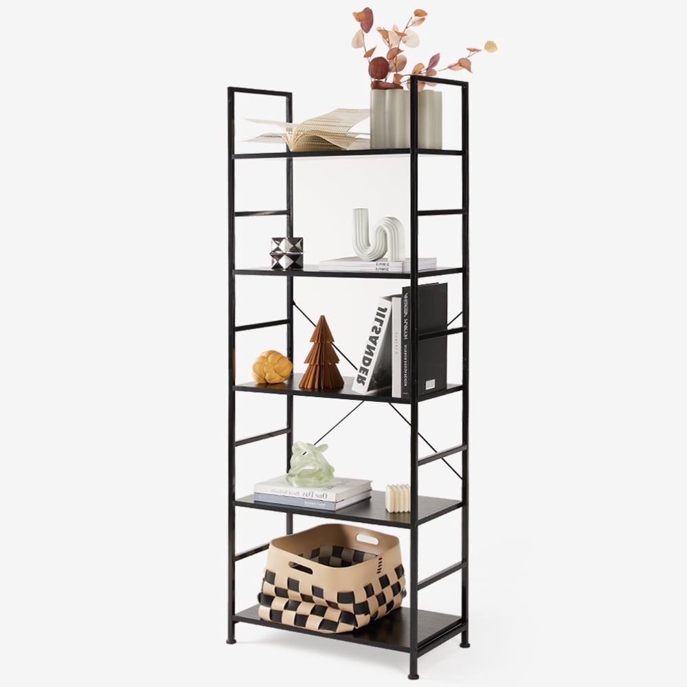 EDX Bookcase, 5 Tier Book Shelf, Storage Shelf, Classic Modern Bookcase for CDs, Movies, Books, Industrial Bookcase for Home Office, Living Room, Kitchen, Bedroom, Black